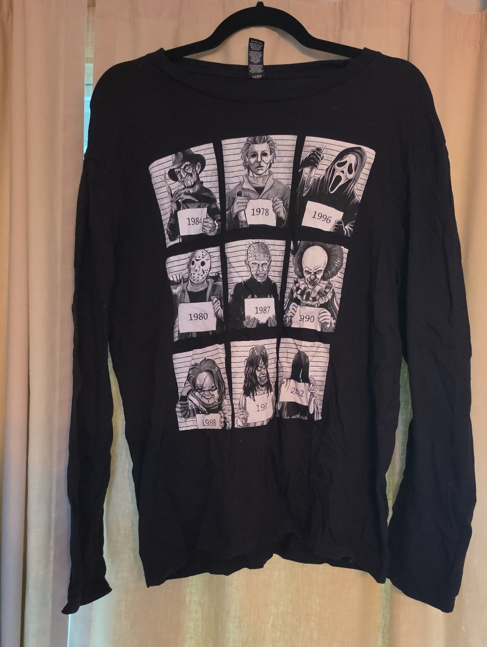 District Black Long-Sleeve Crew with White Horror Character Grid